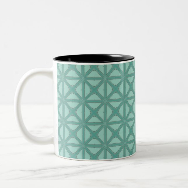 Pink Peach Yukka And Green Lattice Tile Pattern Two-Tone Coffee Mug (Left)