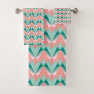 Pink Peach Yukka And Green ZigZag Pattern Bath Towel Set