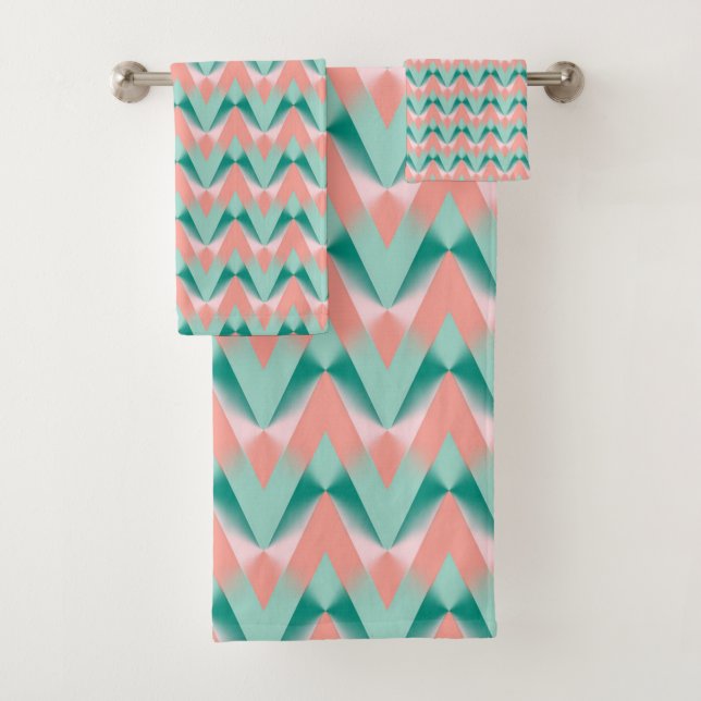 Pink Peach Yukka And Green ZigZag Pattern Bath Towel Set (Insitu)