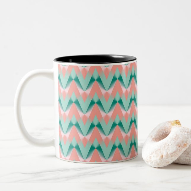 Pink Peach Yukka And Green ZigZag Pattern Two-Tone Coffee Mug (With Donut)