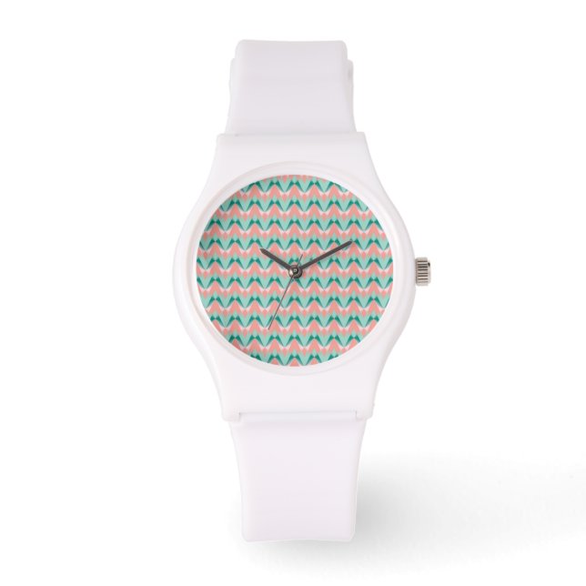 Pink Peach Yukka And Green ZigZag Pattern Watch (Front)
