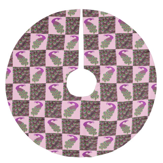 Pink Peacock Christmas Tree Skirt (Front)
