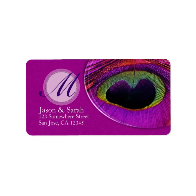 Pink Peacock Feather Monogram Address Label (Front)