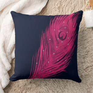 Pink Peacock Feather Navy Almost Black Cushion