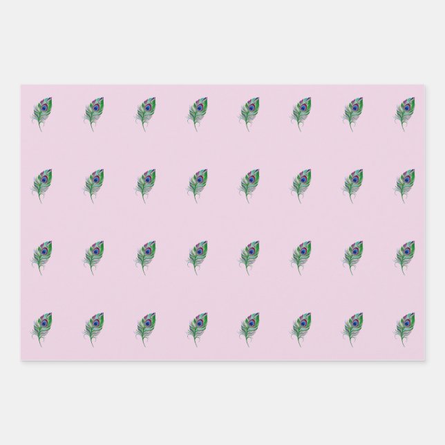 Pink Peacock Feather Wrapping Paper Sheet (Front)