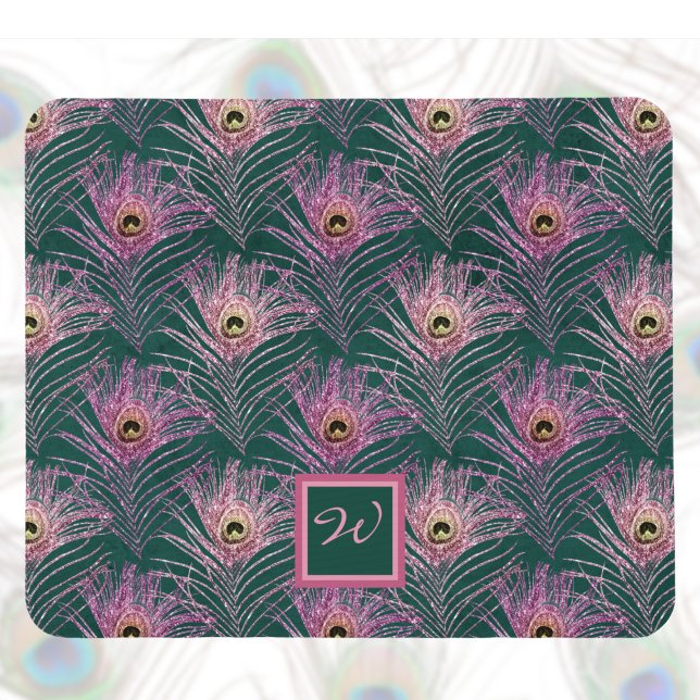Pink Peacock Feathers and Monogram on Deep Green Mouse Pad (Creator Uploaded)