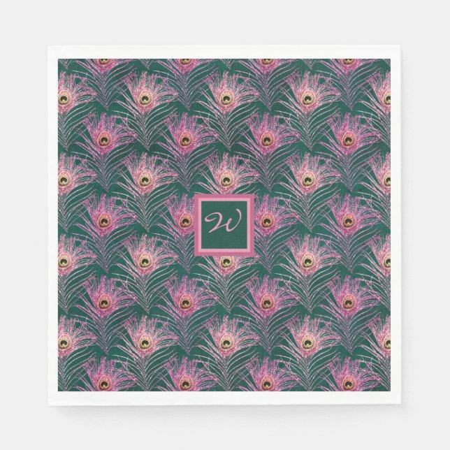 Pink Peacock Feathers and Monogram on Deep Green  Napkin (Front)