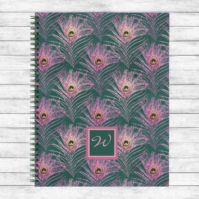 Pink Peacock Feathers and Monogram on Deep Green Notebook (Creator Uploaded)