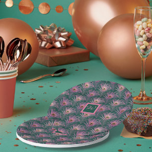 Pink Peacock Feathers and Monogram on Deep Green Paper Plate