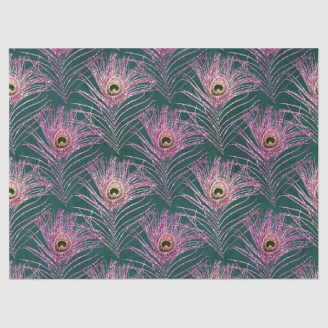Pink Peacock Feathers on Green Decoupage Tissue Paper (Front)