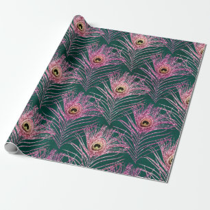 Pink Peacock Feathers on Green Wrapping Paper