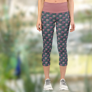 Pink Peacock Feathers Pretty Pattern Teal Green Capri Leggings