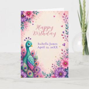 Pink Peacock Happy Birthday Card
