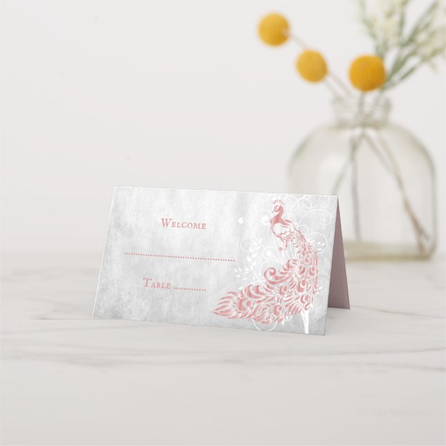 Pink Peacock Leaf Vine Reception Place Card (Front)