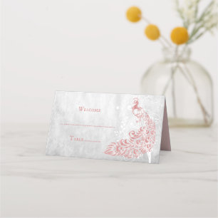 Pink Peacock Leaf Vine Reception Place Card