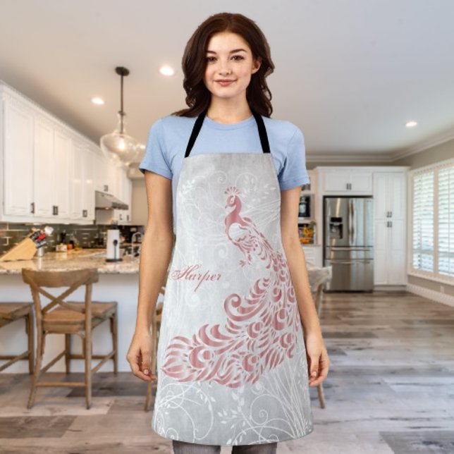 Pink Peacock Personalise Print Apron (Pink Peacock Personalized Apron)