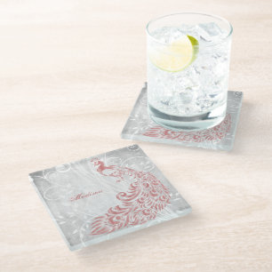Pink Peacock Personalised Glass Coaster