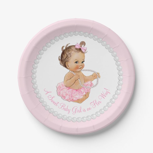 Pink Pearl Ballerina Baby Shower Paper Plate (Front)