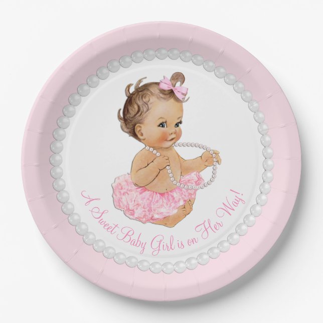 Pink Pearl Ballerina Tutu Baby Shower Paper Plate (Front)