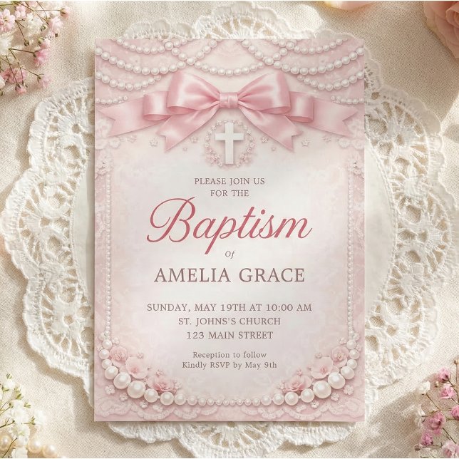 Pink Pearl Baptism Invitation Design Satin Bow (Elegant pink pearl baptism invitation with satin bow and cross details)