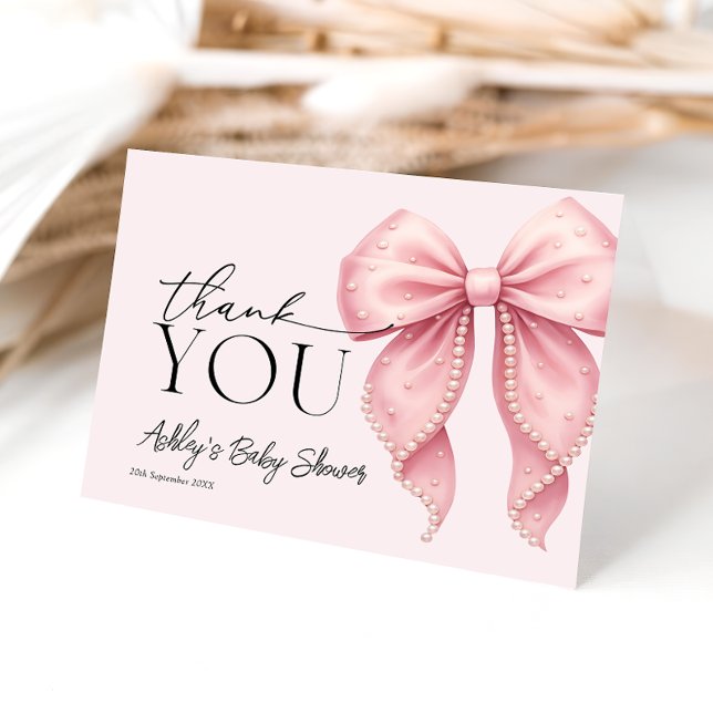 Pink Pearl Bow Baby Shower Thank You Card (Creator Uploaded)