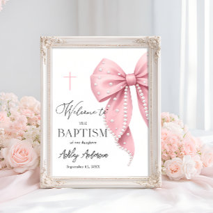 Pink Pearl Bow Baptism Welcome  Poster