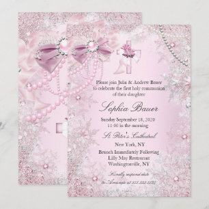 Pink Pearl Bow Cross Holy Communion or Baptism Invitation