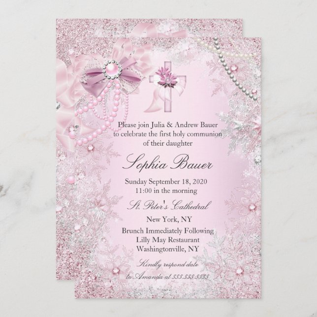 Pink Pearl Bow Cross Holy Communion or Baptism Invitation (Front/Back)