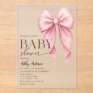 Pink Pearl Bow Girl Baby Shower Acrylic Invitations