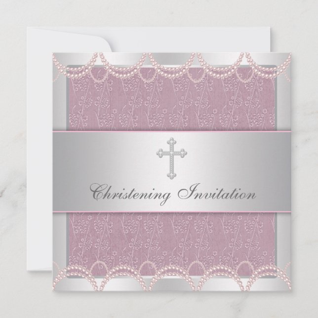 Pink Pearl Cross Baby Girl Baptism Christening Invitation (Front)