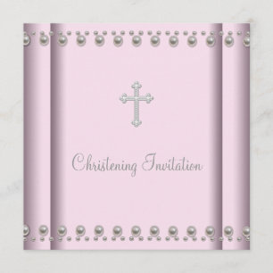 Pink Pearl Cross Baby Girl Christening Invitation