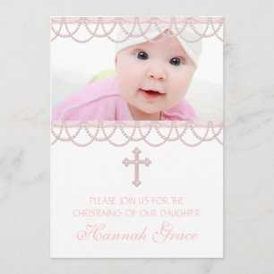 Pink Pearl Cross Baby Girl Photo Christening Invitation