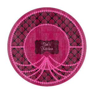 Pink Pearl Damask-Round Glass Cutting Board