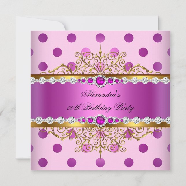 Pink Pearl Gold Plum Polka Dots Birthday Party Invitation (Front)
