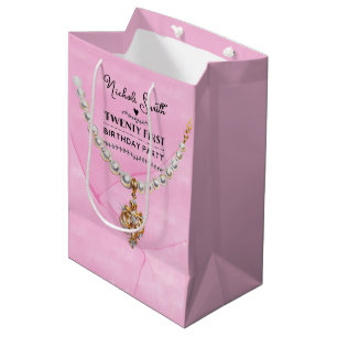 Pink Pearl Necklace Elegant 21st. Birthday Party Medium Gift Bag