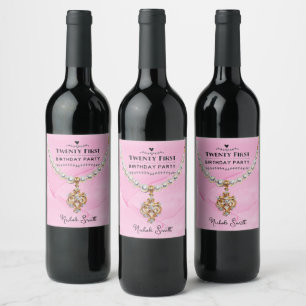 Pink Pearl Necklace Elegant 21st. Birthday Party Wine Label