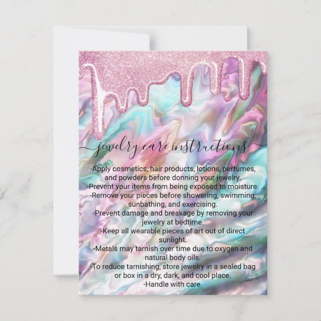 Pink Pearl Opal Glitter Drips Jewellery Care Card (Front)