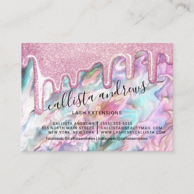 Pink Pearl Opal Glitter Drips Lashes Aftercare Business Card (Front)