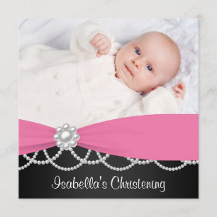 Pink Pearl Pink Black Girls Photo Christening Invi Invitation