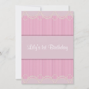 Pink Pearl Pinstripe Girls 1st Birthday Party Invitation