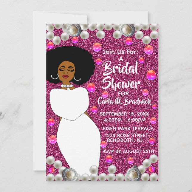 Pink, Pearls African American Bridal Shower  Invitation (Front)