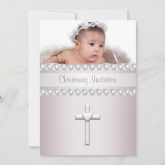 Pink Pearls Cross Baby Girl Photo Christening Invitation