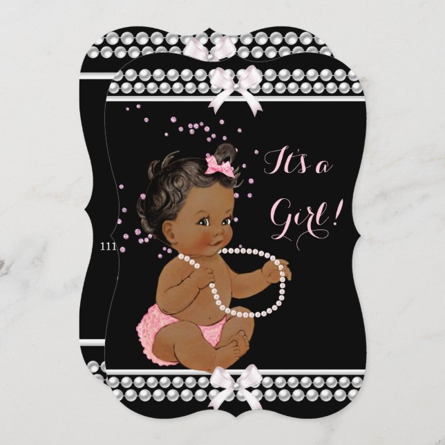 Pink Pearls Cute Baby Shower Girl Black Ethnic Invitation (Front/Back)