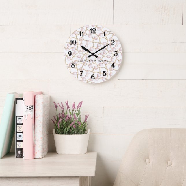 Pink Pearls Gold Chain   Large Clock (Reading Room)