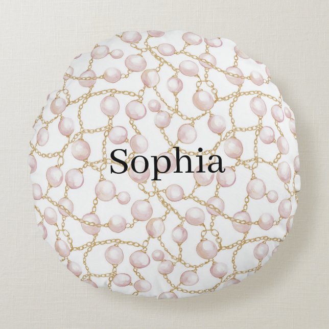 Pink Pearls Gold Chain   Round Cushion (Front)