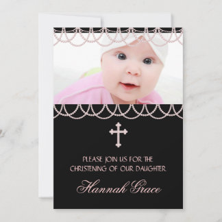 Pink Pearls Pink and Black Christening Invitation