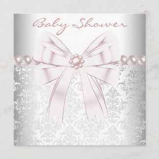Pink Pearls Pink Damask Baby Girl Shower Invitation