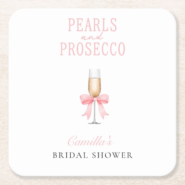 Pink Pearls & Prosecco Bridal Shower Square Paper Coaster (Front)