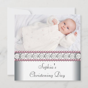Pink Pearls White Baby Girl Photo Christening Invitation