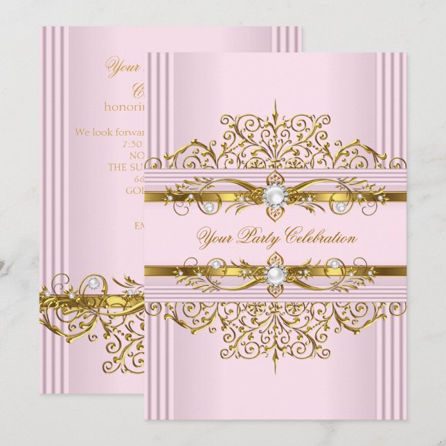 Pink Pearls White Gold Elegant Birthday Party Invitation (Front/Back)